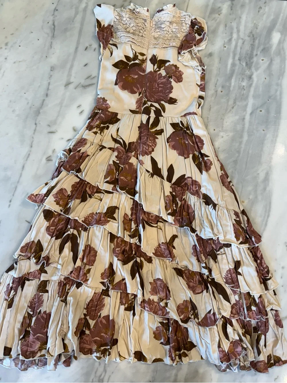 Joyfolie Cream and Mauve Floral Ruffle Tiered Dress